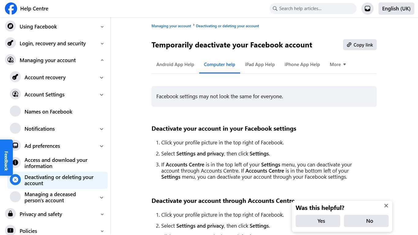Temporarily deactivate your Facebook account | Facebook Help Centre