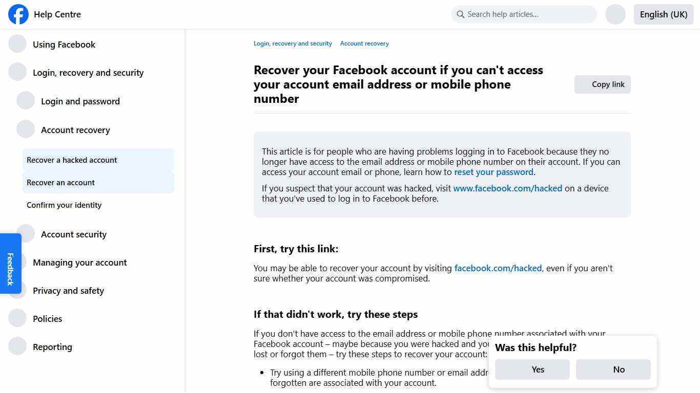 Recover your Facebook account if you can't access your account email address or mobile phone number | Facebook Help Centre
